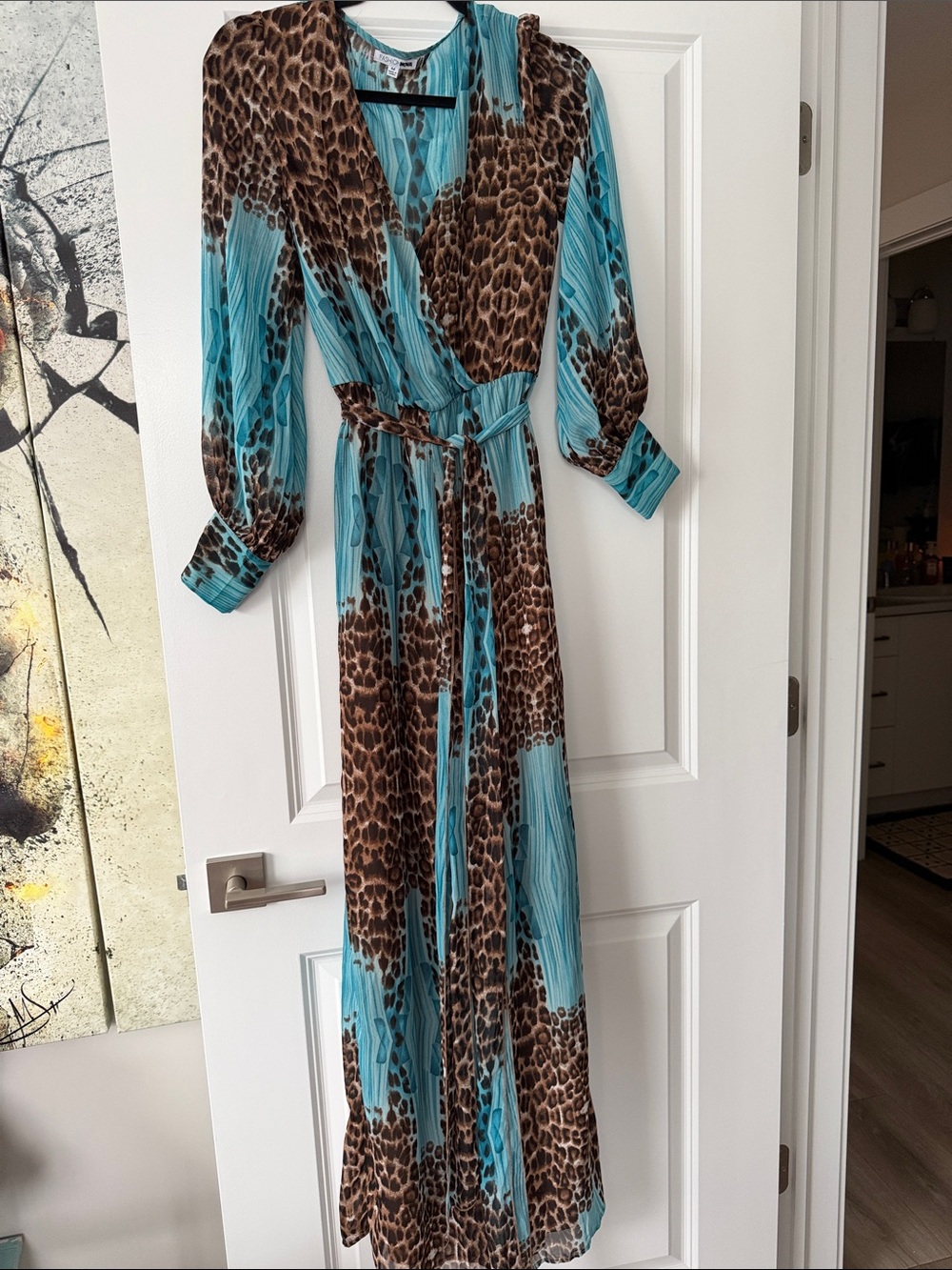 Fashion Nova Brown and Turquoise Leopard Print Wrap Maxi Dress